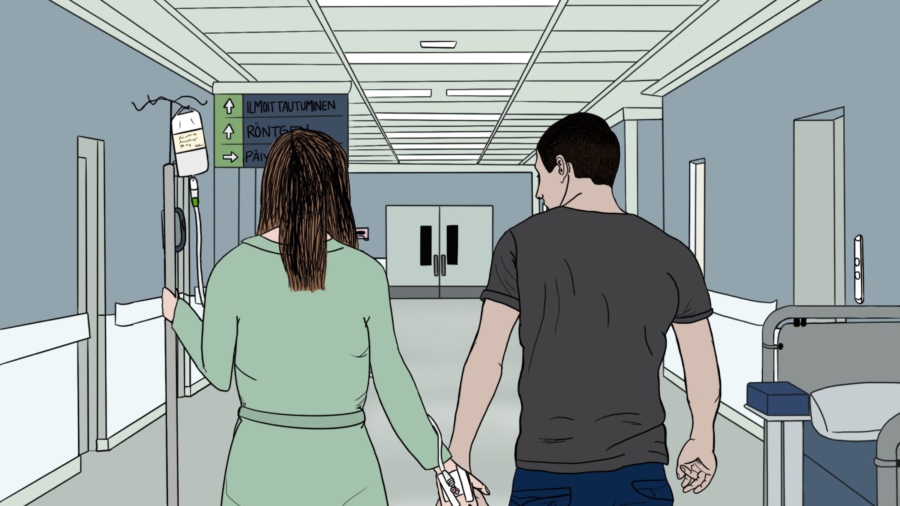 Piirroskuva parista käsi kädessä sairaalassa